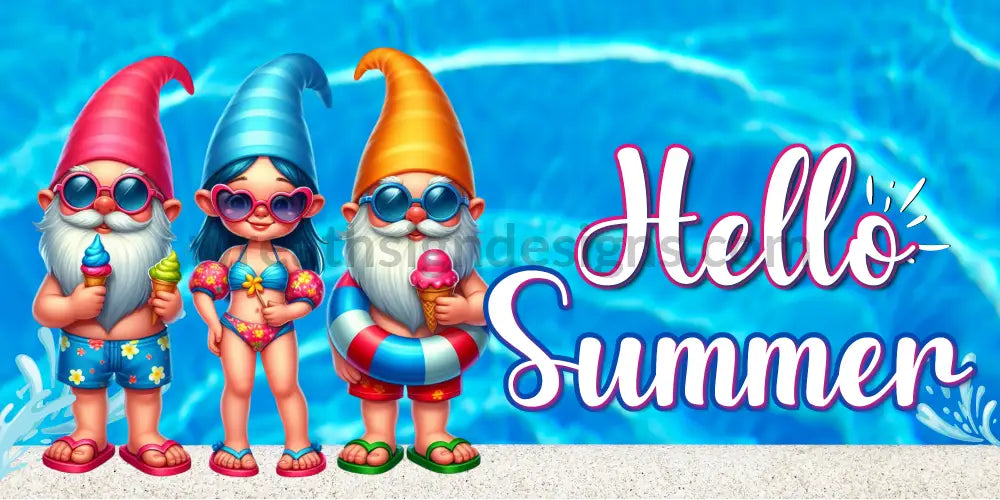 Hello Summer Pool Gnomes Metal Wreath Sign 6X12 12X6 Metal Sign