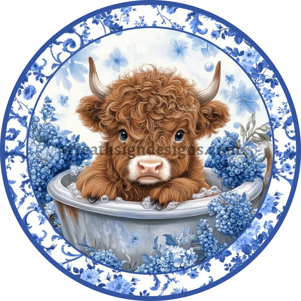 Highland Cow Blue Flower Tub- Metal Wreath Sign Ms-1048 10’’