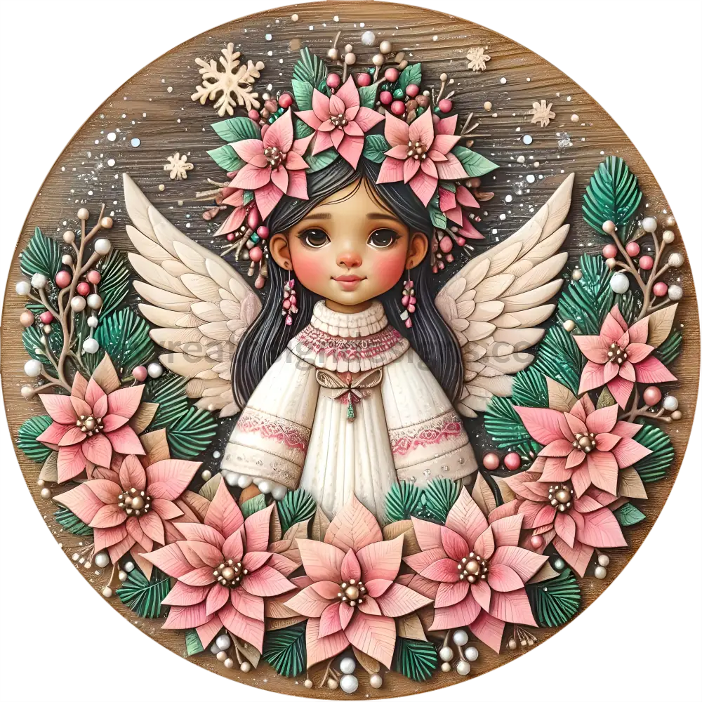 Hispanic Winter Angel And Poinsettias Round Metal Wreath Sign 6’ Decor