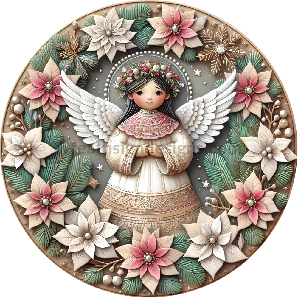 Hispanic Winter Angel And Poinsettias Round Metal Wreath Sign 6’ Decor