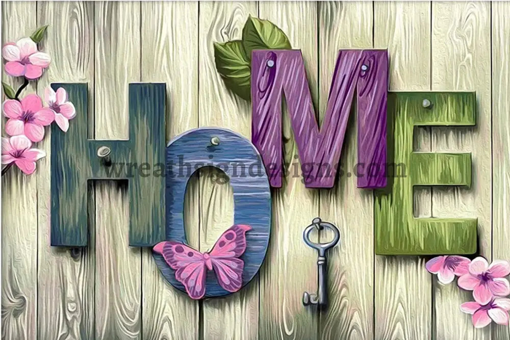 Home- Wood Florals And Butterflies- 12X8 Metal Wreath Sign 8X12