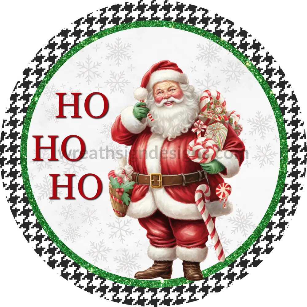 Houndstooth Santa Ho Green- Round - Metal Signs 6