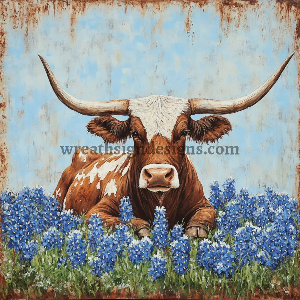 Longhorn Blue Bonnets Round Wreath Sign MS-1133