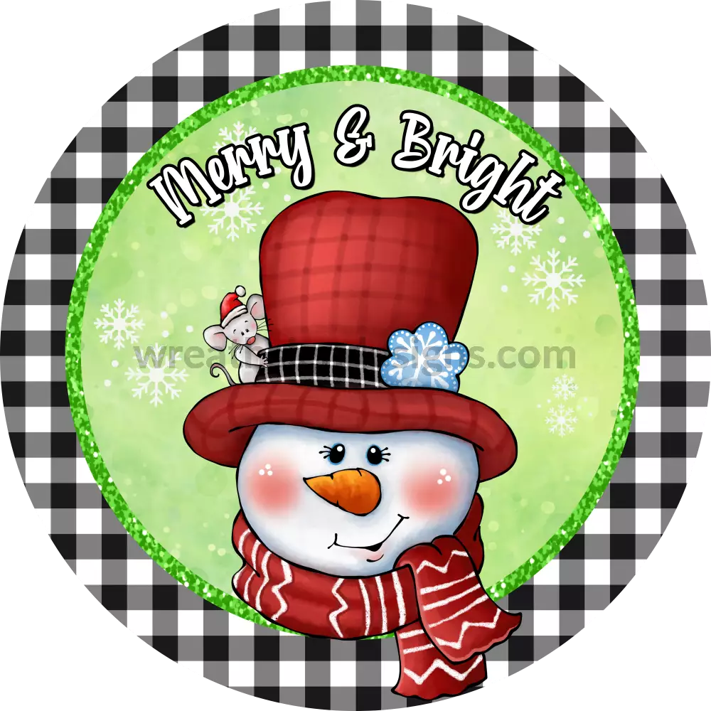 Merry & Bright Snowman With Green -Round- Metal Winter Wreath Signs 8 Circle