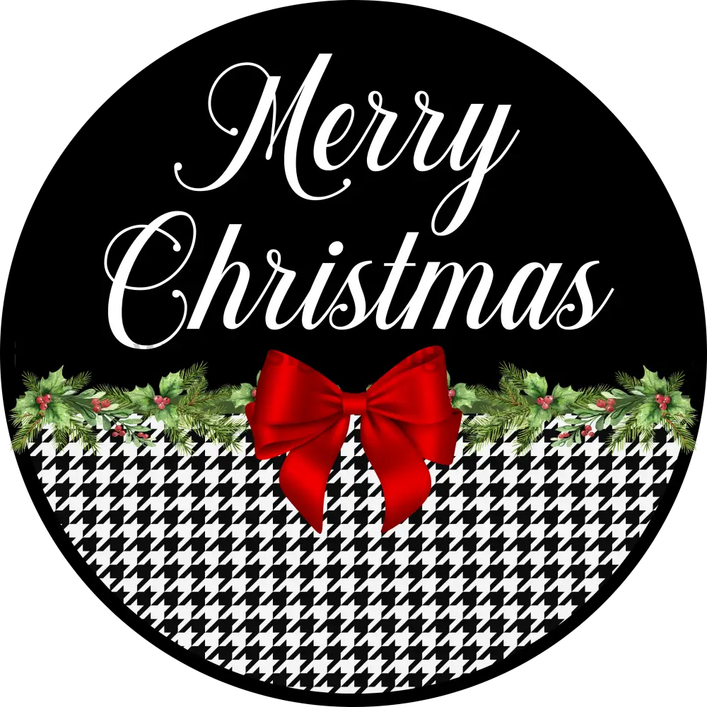 Merry Christmas Houndstooth Round Metal Wreath Sign 10’’