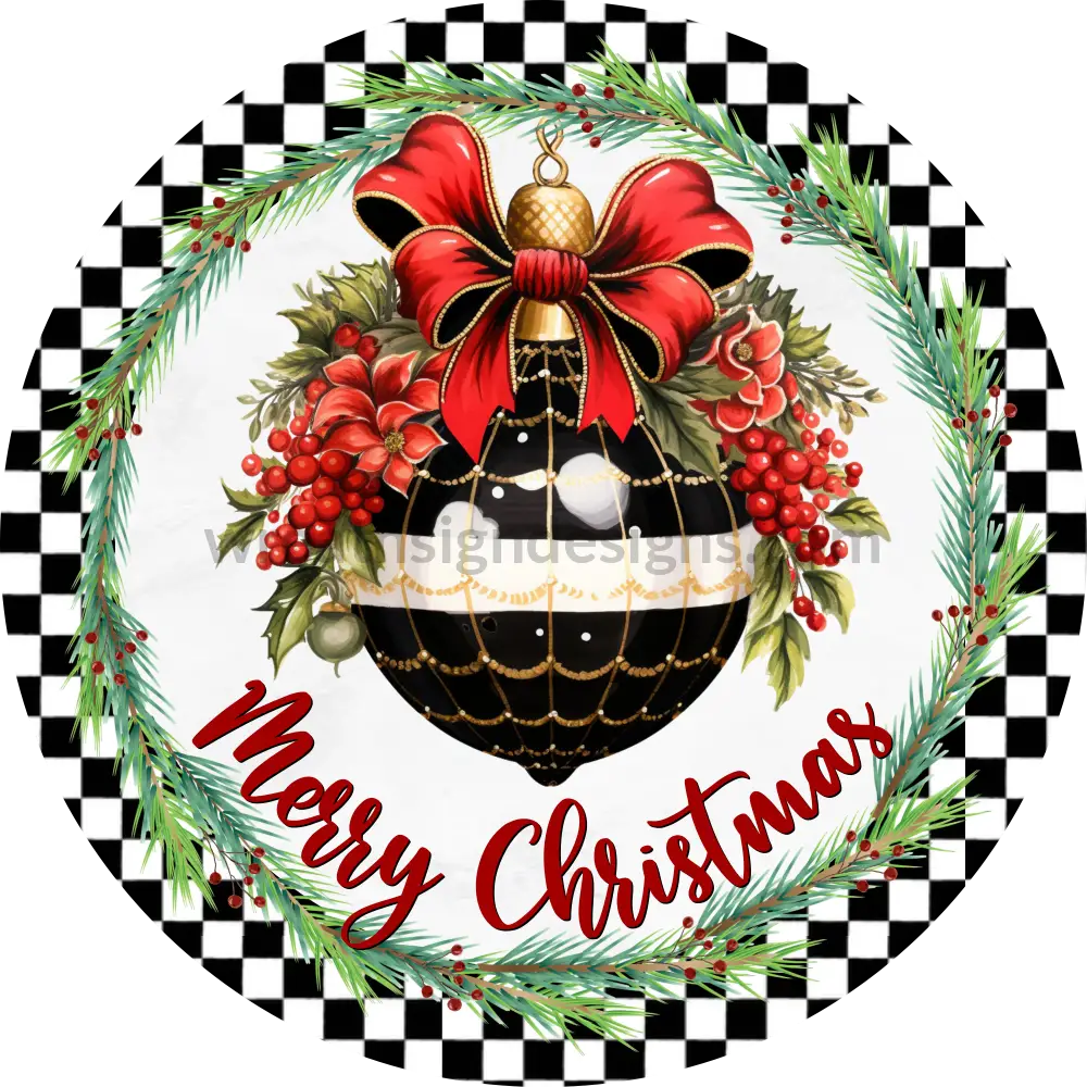 Merry Christmas Ornament Black White And Red Metal Wreath Sign 8