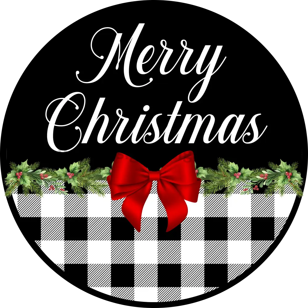 Merry Christmas White Buffalo Plaid Round Metal Wreath Sign 6’’