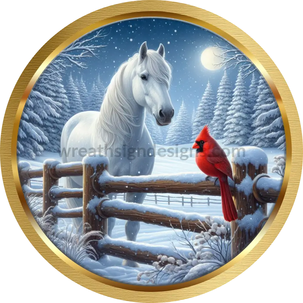 Midnight White Winter Horse And Cardinal -Round Metal Signs 6