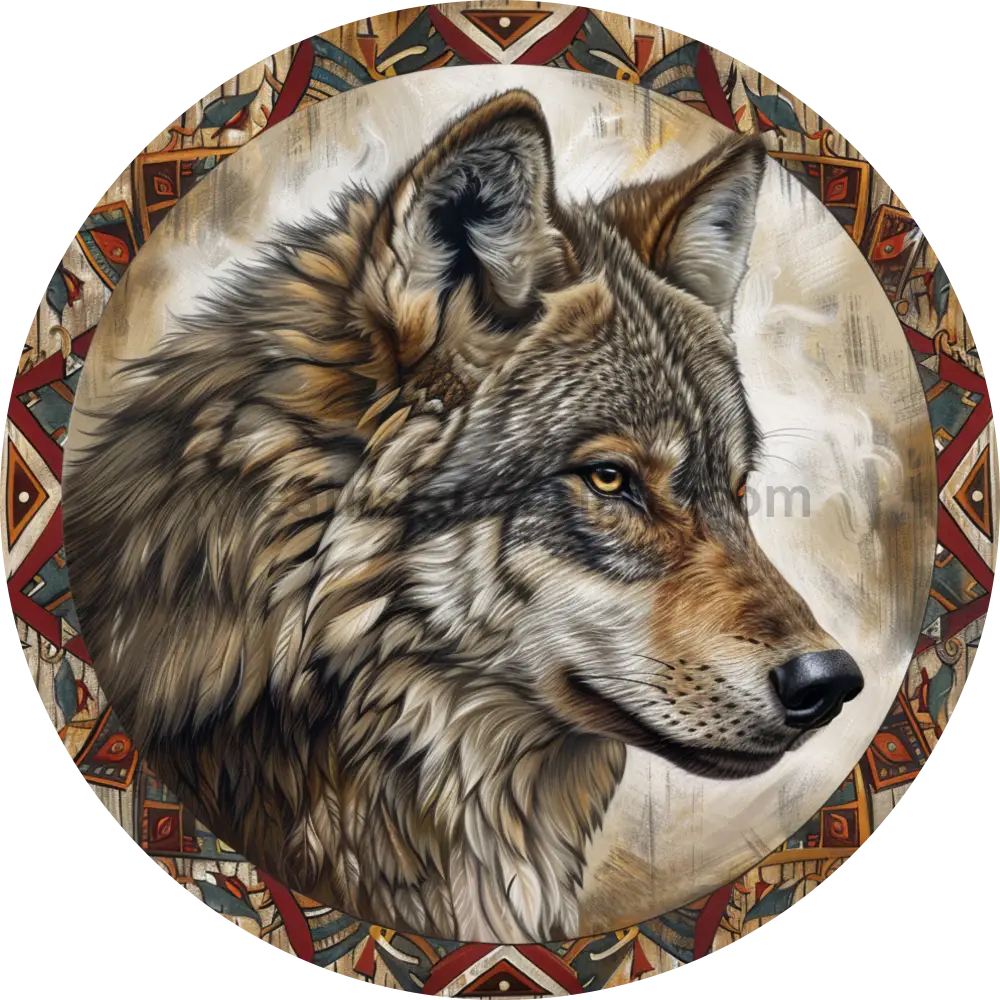 Native Wolf - Round Metal Wreath Sign 6”