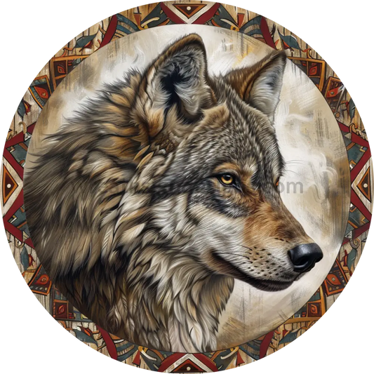 Native Wolf - Round Metal Wreath Sign 6”