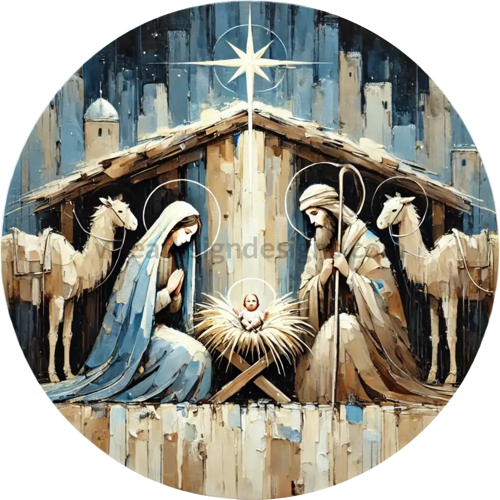 Nativity Scene Abstract Blue Biege- Christmas Wreath Sign 6’’