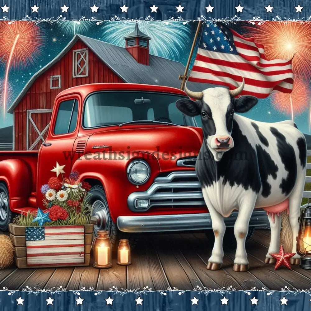 Patriotic Cow and vintage Farm Truck Wreath Metal Sign MS-1145 8’’