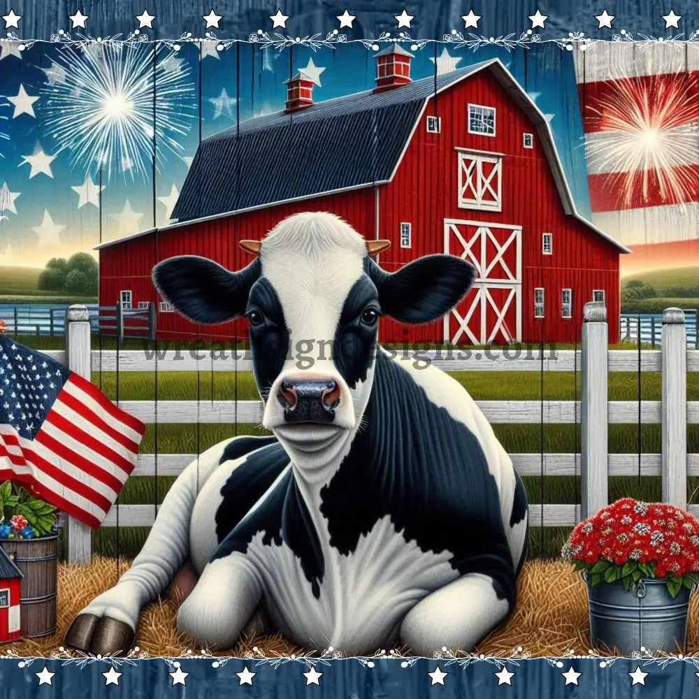 Patriotic Cow Wreath Metal Sign 8’’