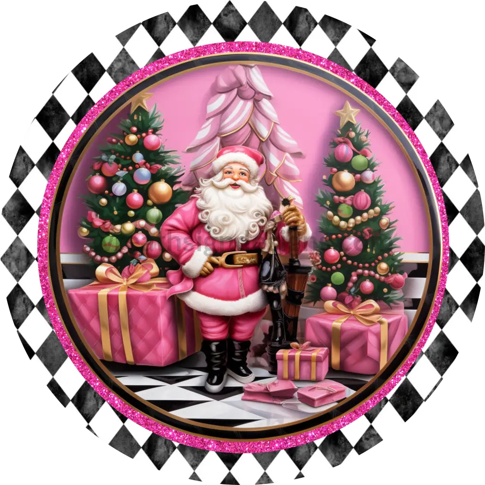 Pink Harlequin Santa Round Wreath Sign 6