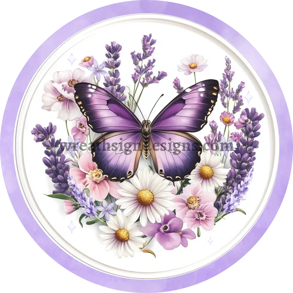 Purple Butterflies And Flowers Metal Wreath Sign Ms-1053 6’’