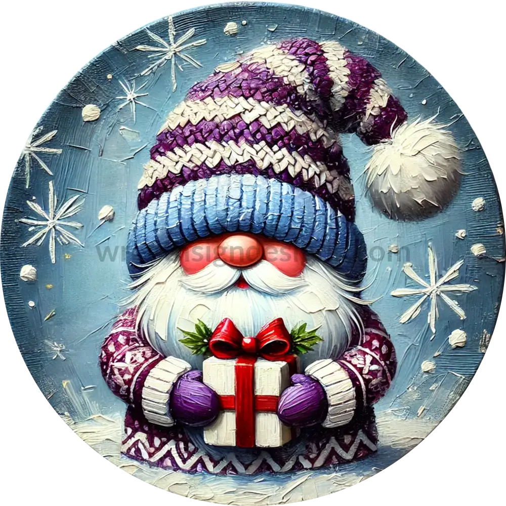 Purple Winter Christmas Gnome- Metal Winter Wreath Sign 6’’