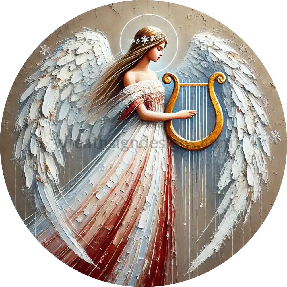 Red Angel With Harp # Round Metal Wreath Sign 6’’ Decor