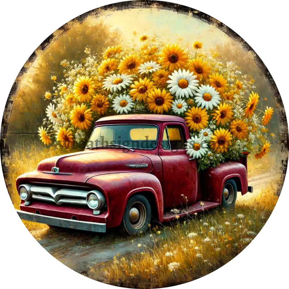 Red Daisy Flower Truck Metal Wreath Sign 8’’
