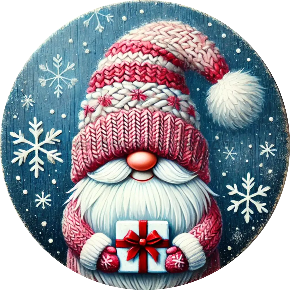 Red Winter Christmas Gnome- Metal Wreath Sign 6’’