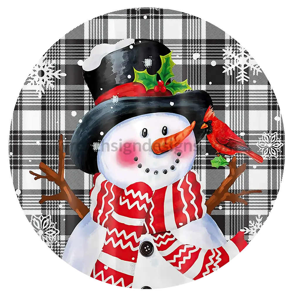 Snowman Cardinal With Buffalo Plaid -Round Metal Signs 8 Circle