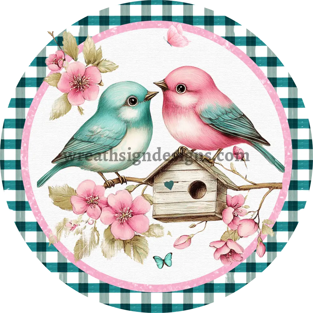 Spring Birds Teal & Pink Round Metal Wreath Sign MS-1138 6’’