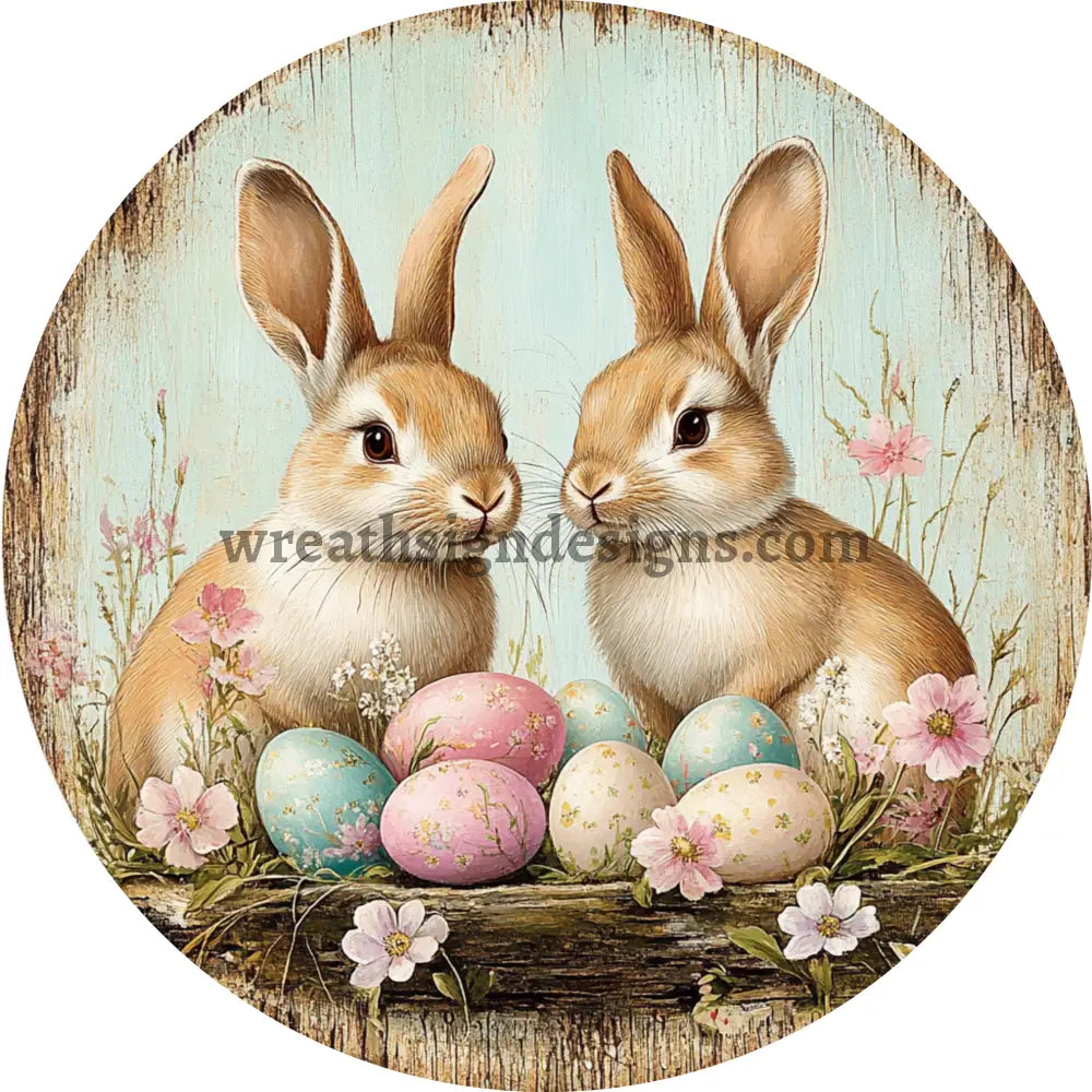 Spring Bunnies And Easter Eggs- Round Metal Wreath Sign 11.75’’