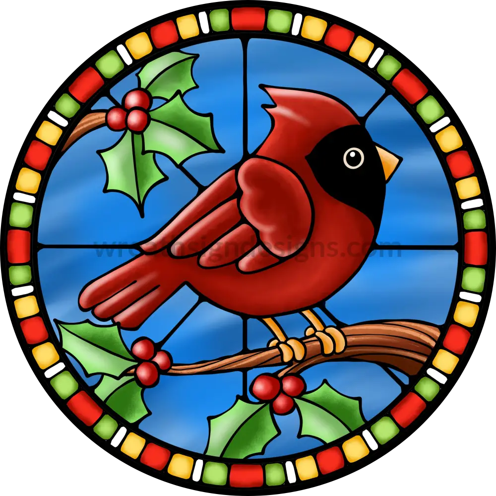 Stained Glass Christmas Cardinal- Round Metal Sign 8 Circle