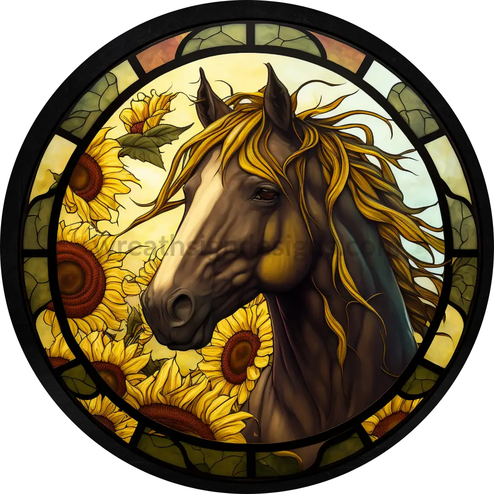 Stained Glass Horse Sunflowers Round Metal Wreath Sign 6
