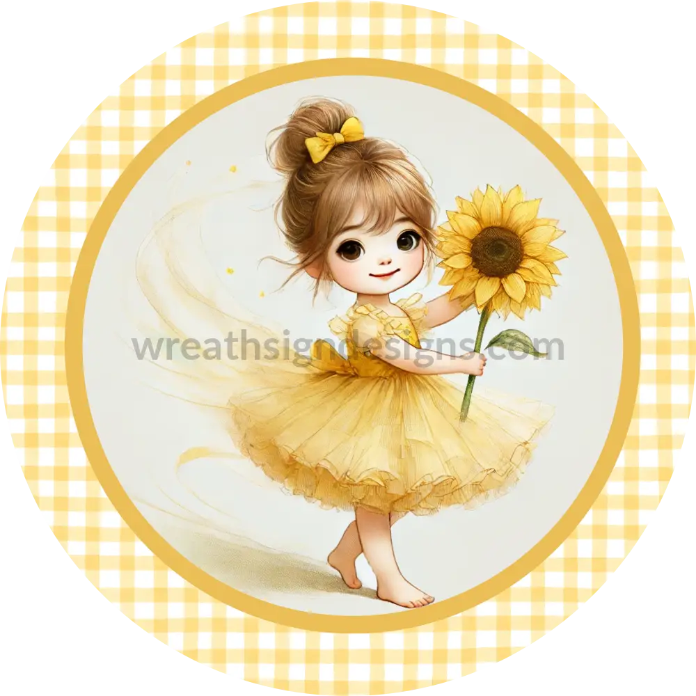 Sunflower Girl In Tutu Metal Wreath Sign