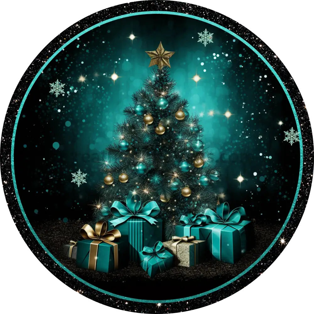 Teal And Black Christmas Tree Round Metal Wreath Sign 6 Decor