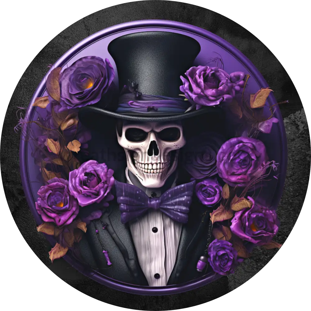 Tophat Skull with Purple flowers Halloween Wreath Sign Metal