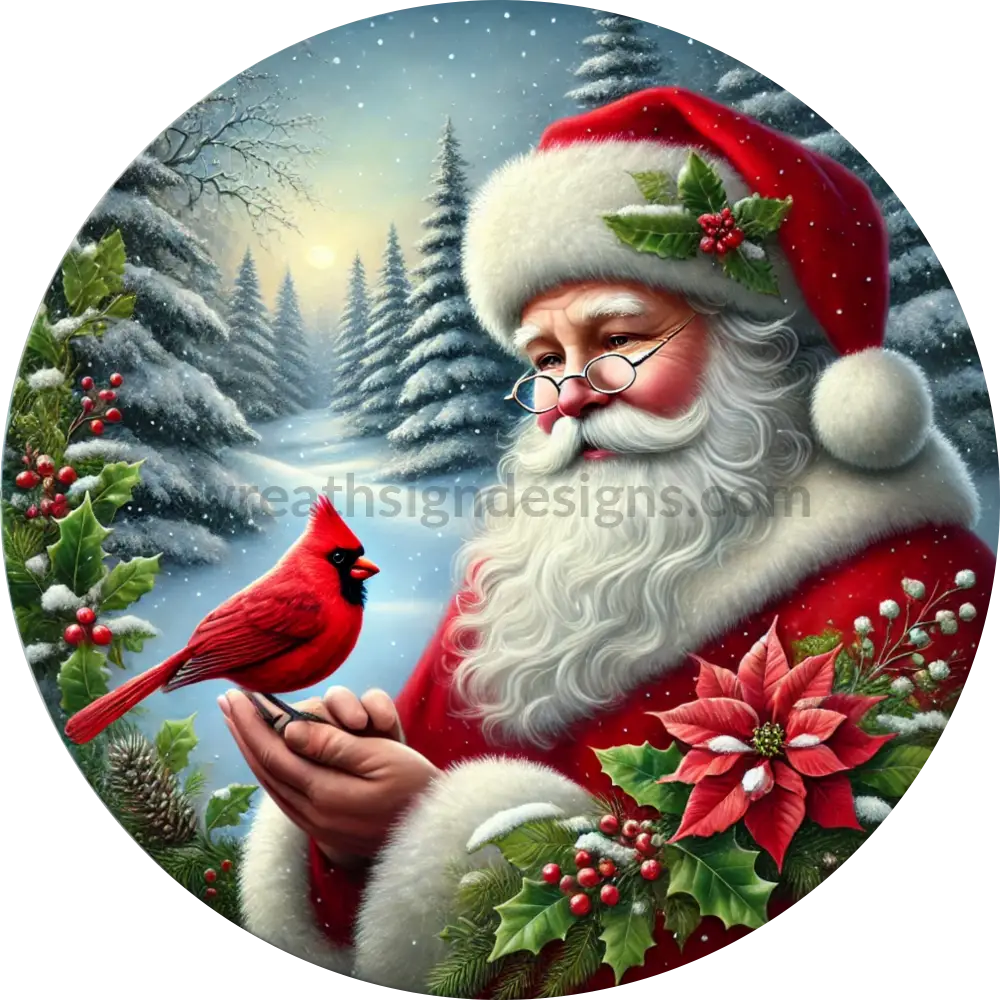 Traditional Santa With Cardinal And Poinsettia Round Metal Wreath Sign 6’’ Decor
