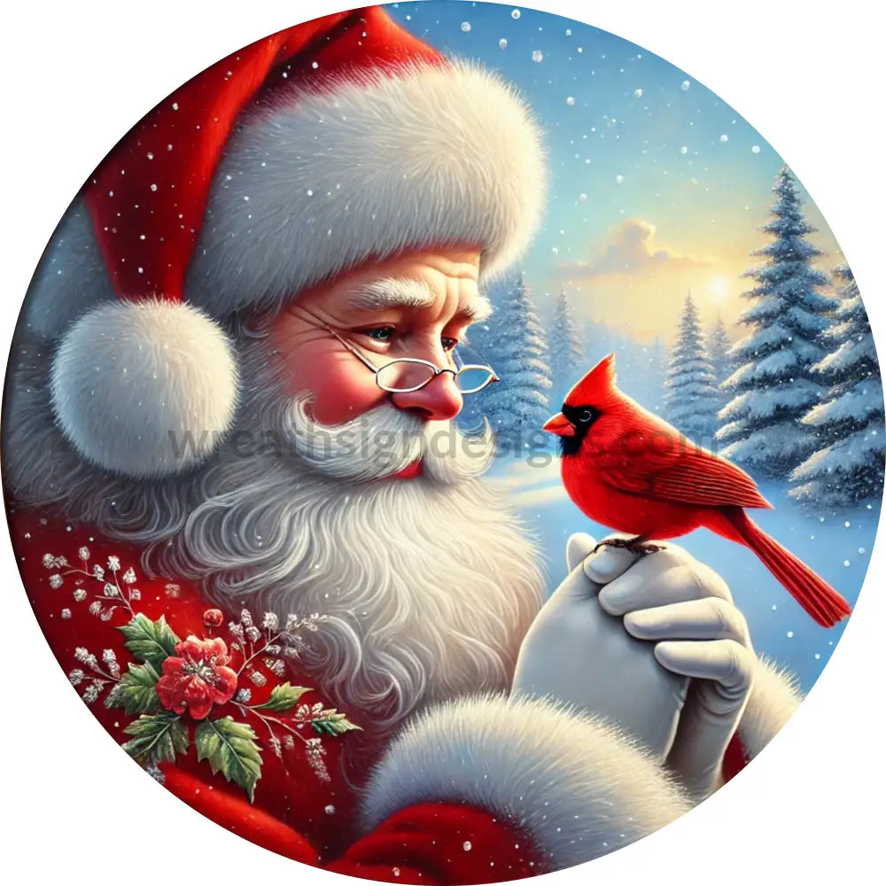Traditional Santa With Cardinal Round Metal Wreath Sign Decor