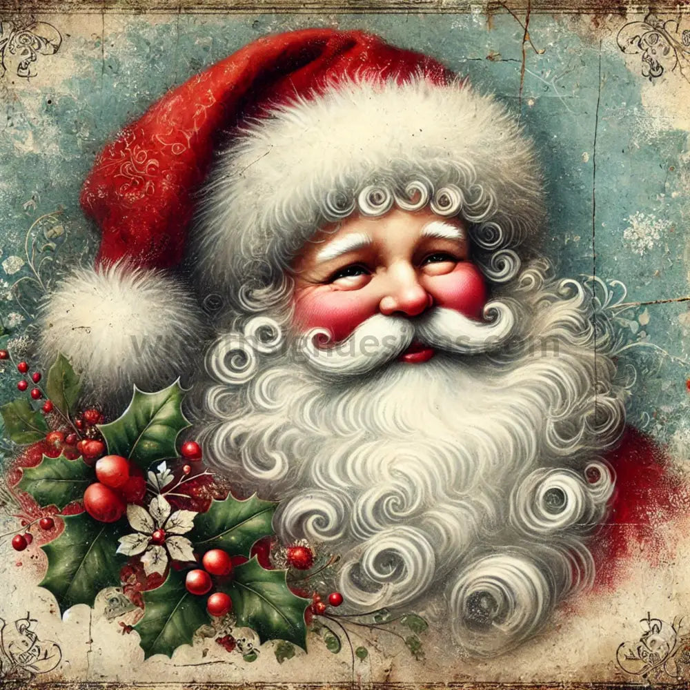 Vintage Santa And Holly Berries - Metal Christmas Wreath Sign