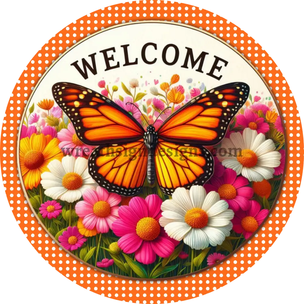 Welcome Butterfly Pink and Orange Metal Wreath Sign MS-1136