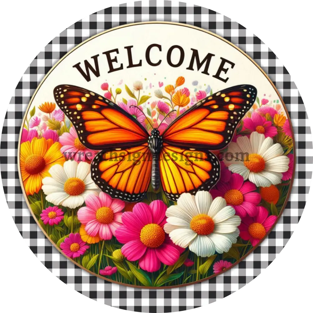Welcome Butterfly Pink and Orange Metal Wreath Sign MS-1137