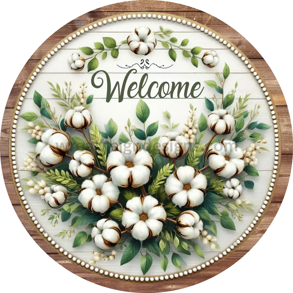 Welcome Cotton- Round Metal Wreath Sign
