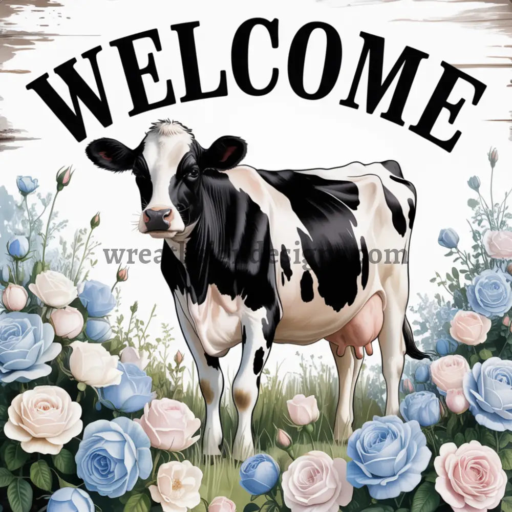 Welcome Cow in Roses- Metal wreath Sign MS-1269 8’’
