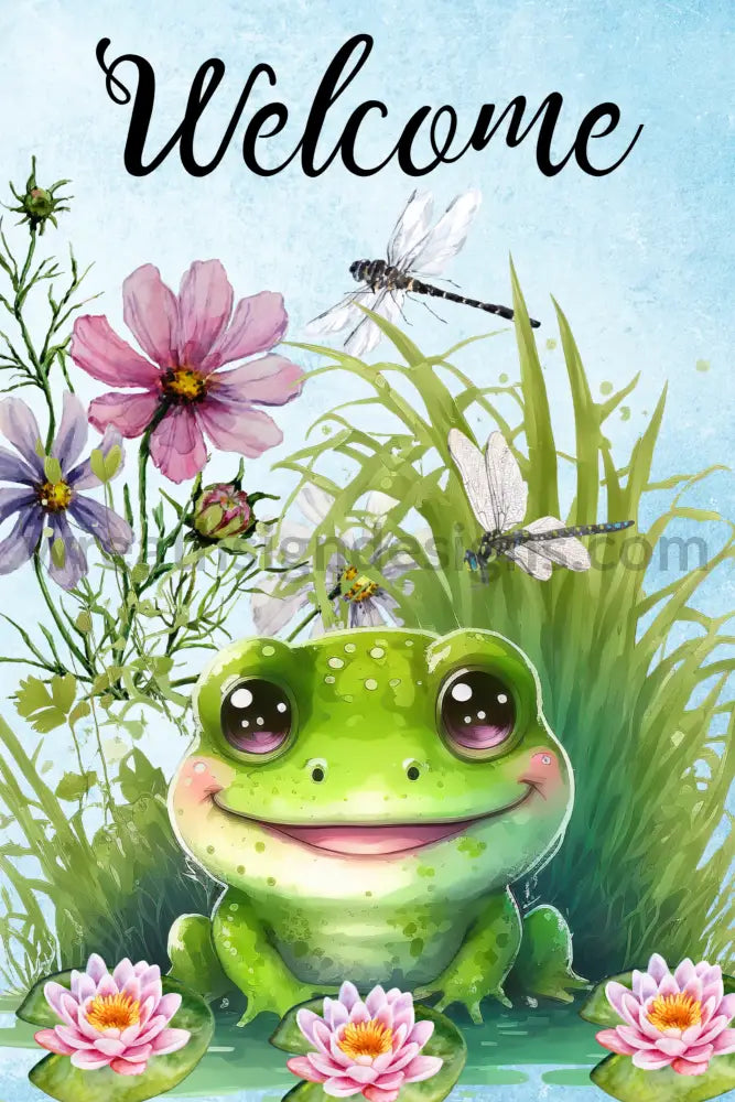 Welcome Frog And Dragonflies -Metal Wreath Sign