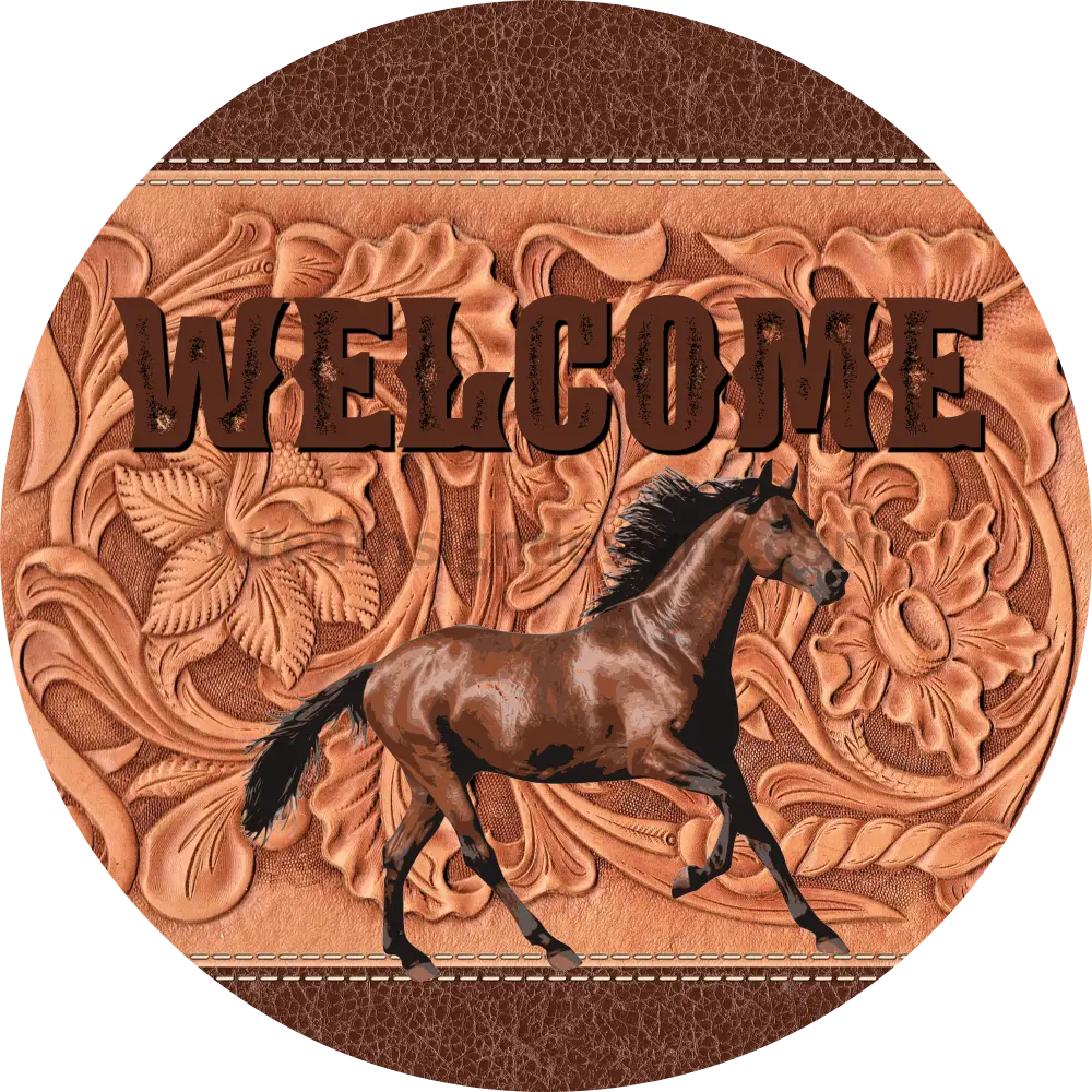 Welcome Horse-Leather Metal Wreath Sign 8 Circle