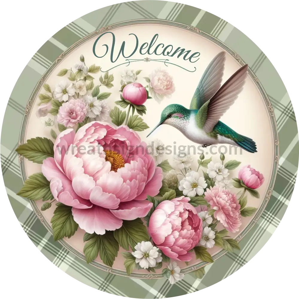 Welcome Hummingbird And Pink Peonies Metal Wreath Sign 6’
