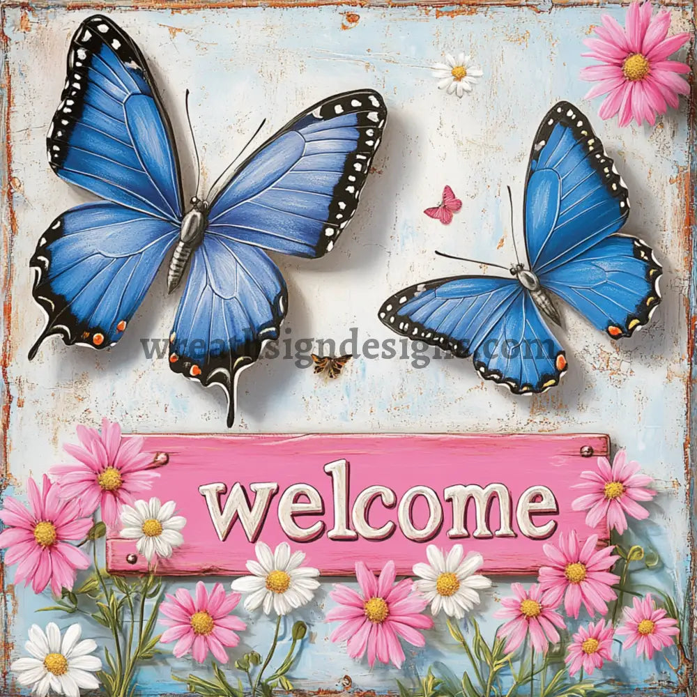 Welcome Pink and blue butterflies and daisies Metal Wreath Sign MS-1074