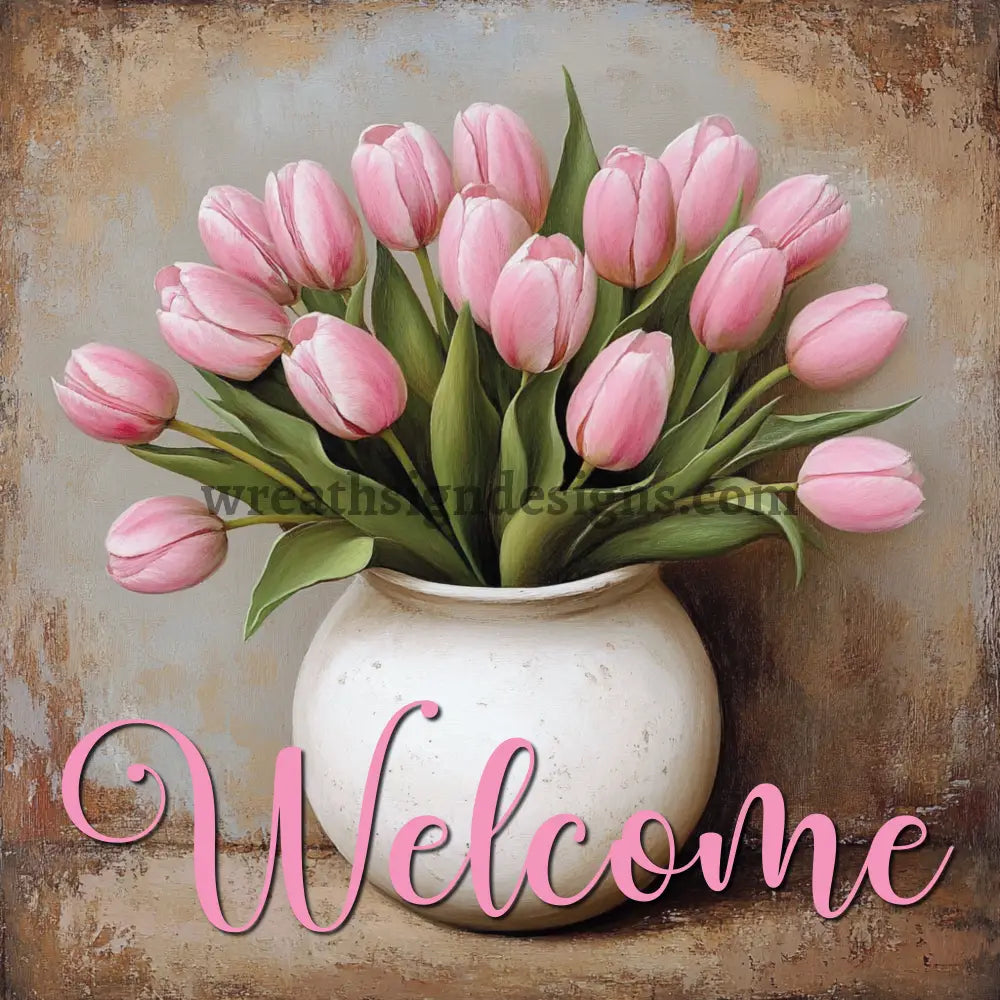 Welcome Pink Tulips- Metal wreath Sign MS-1140 10’’