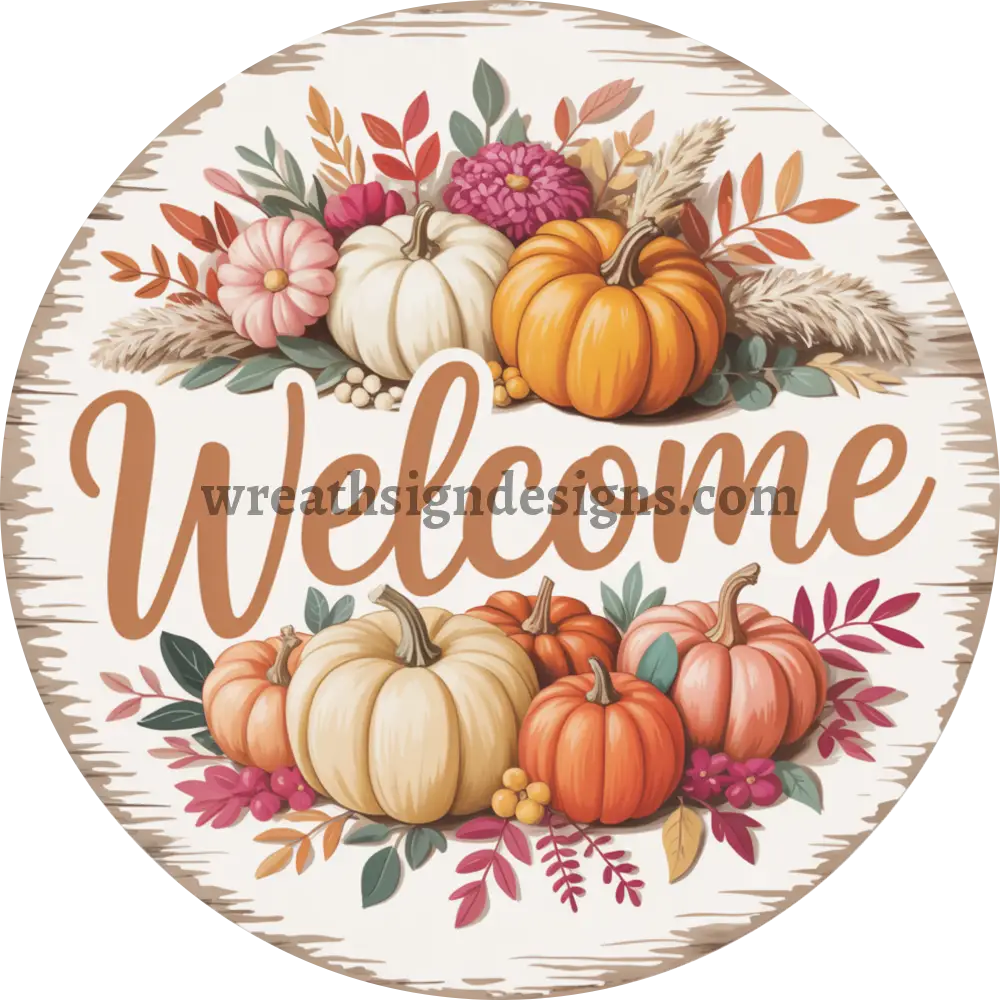 Welcome Pumpkins and florals Orange and Pink-Metal Fall Wreath Sign MS-1419 10’’