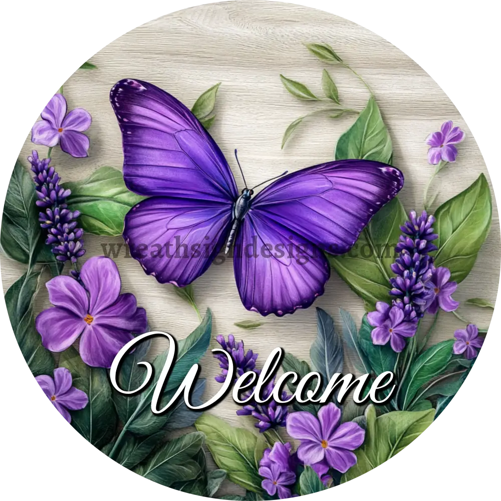 Welcome Purple Butterfly And Flowers Metal Wreath Sign 11.75’’
