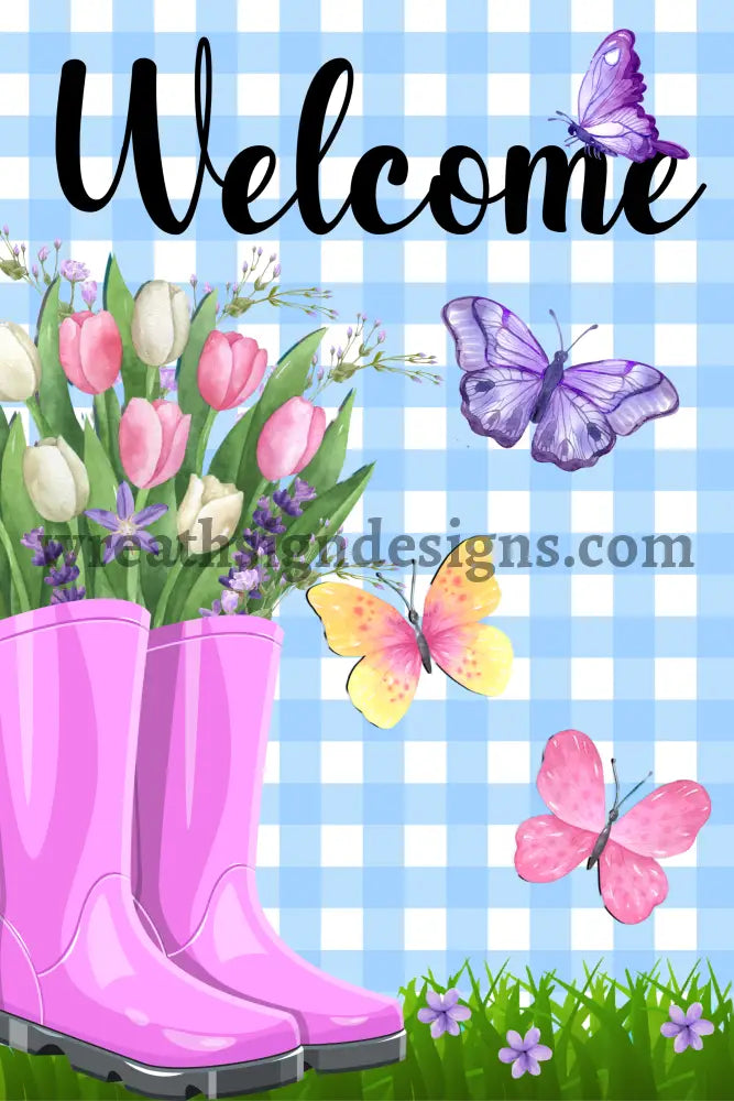 Welcome Rainboots and Butterflies 8x12 Metal Wreath Sign MS-1141 12x6 metal sign