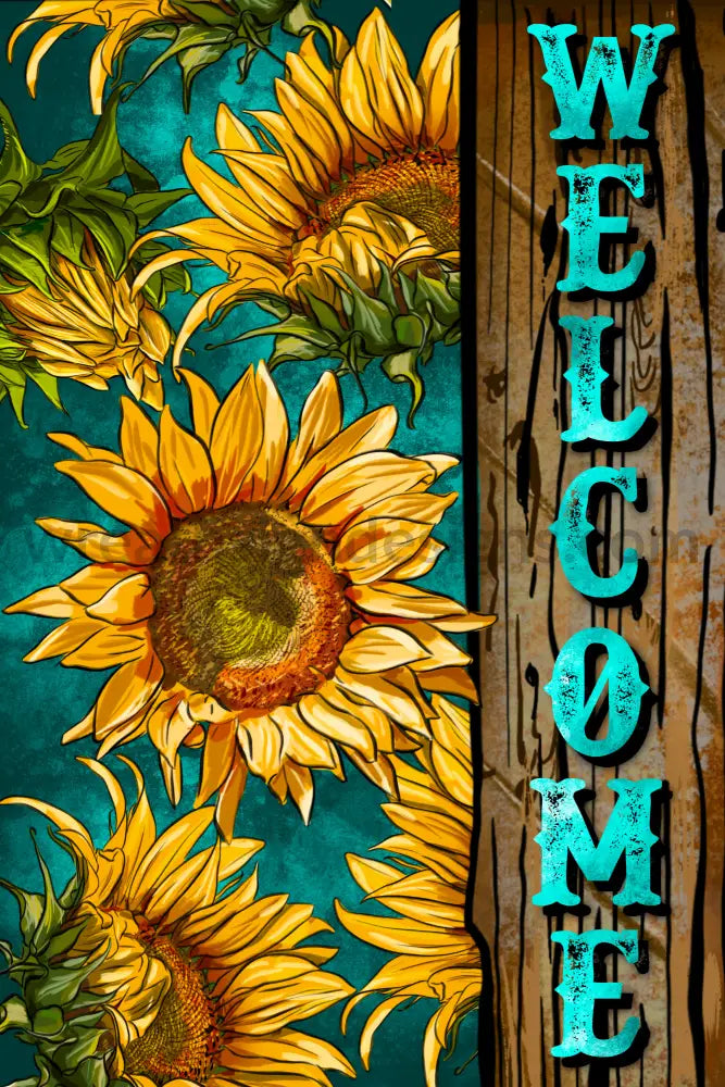 Welcome Teal & Sunflowers 8X12 Metal Sign