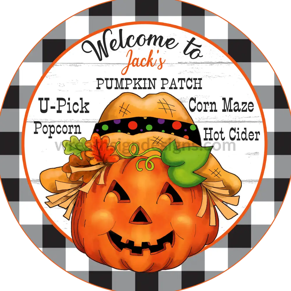 Welcome To Jacks Pumpkin Patch Black Buffalo Plaid Round Metal Wreath Sign 6