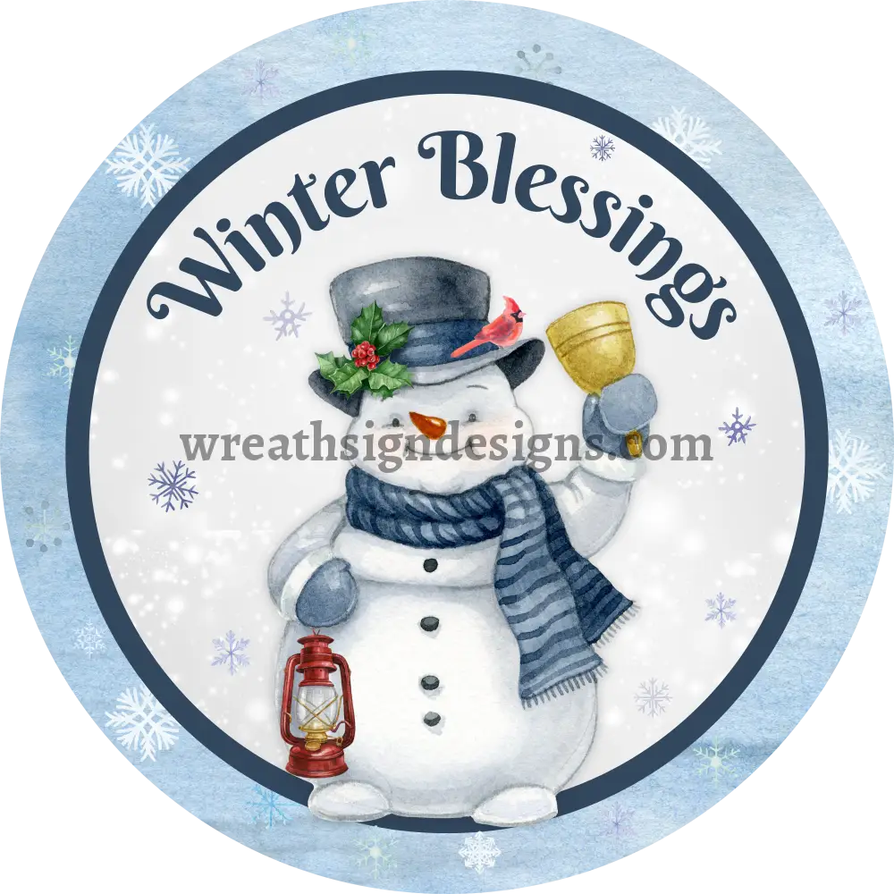 Winter Blessings Blue Snowman With Winter Lantern And Cardinal - Metal Signs 6