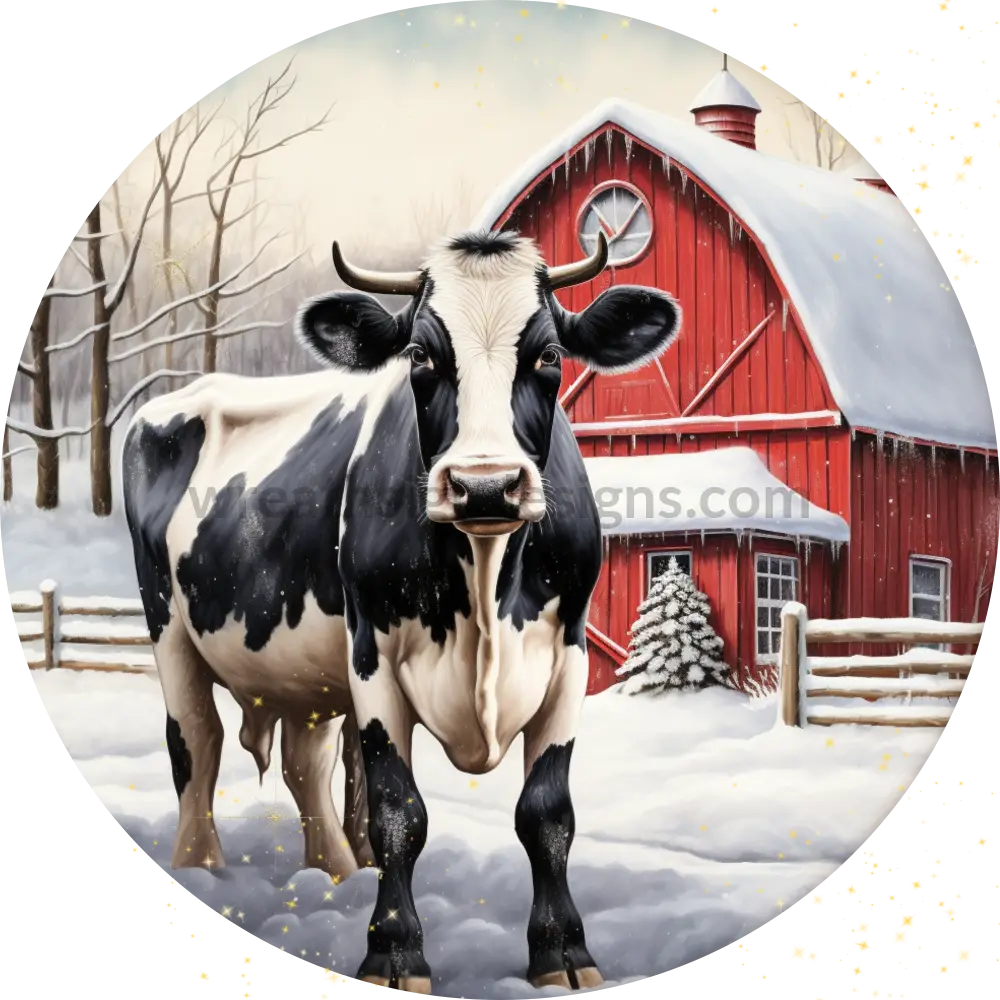 Winter Cow Red Barn Round Christmas Metal Sign 8 Circle